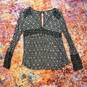 Free People Boho Long Sleeve Top XS Keyhole Neck Mixed Print